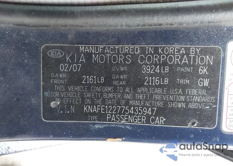 2007 Kia Spectra Ex from USA, damaged, VIN KNAFE122775435947
